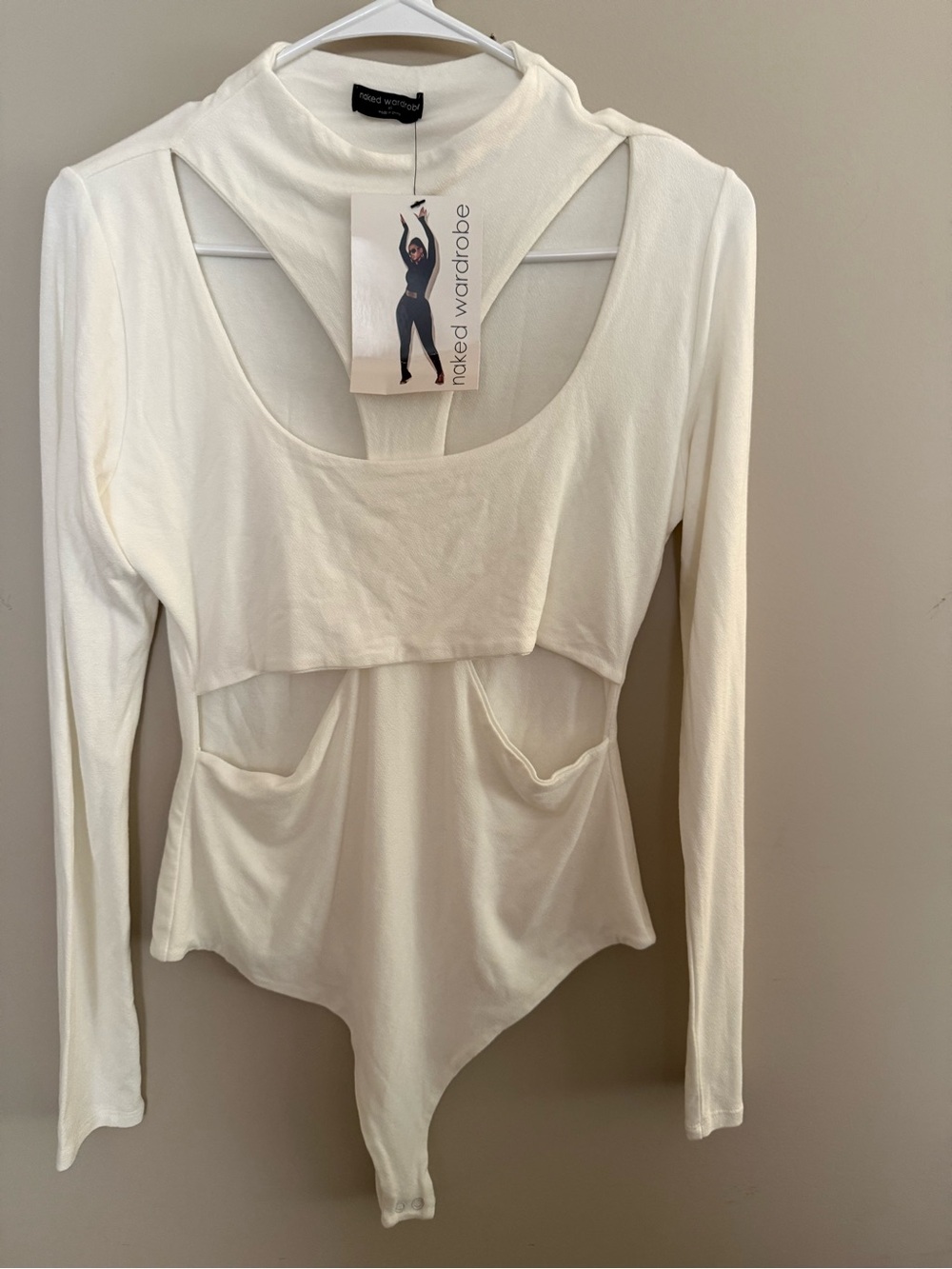 Naked Wardrobe White Long Sleeve Cutout Mock Neck Bodysuit NWT